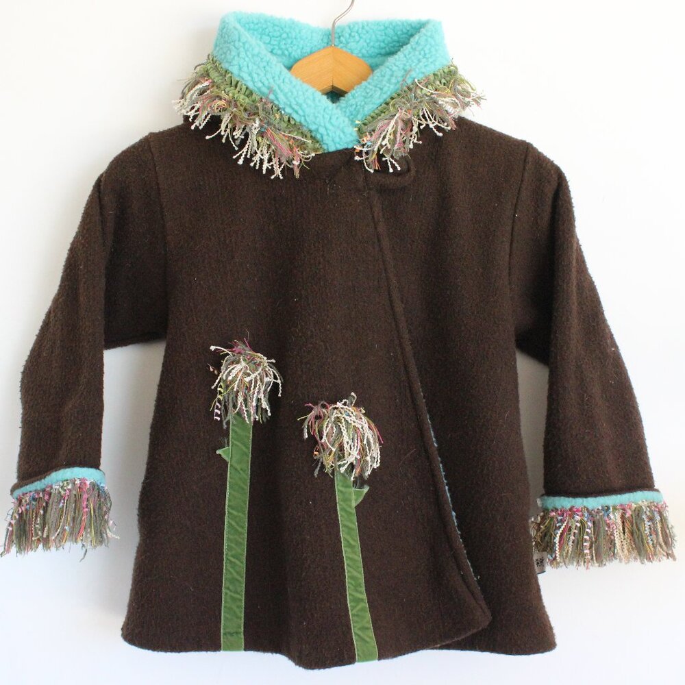 Corky & Company Girls Fleece Fuzy Fringe Jacket Sz 5 Brown Blue FUN